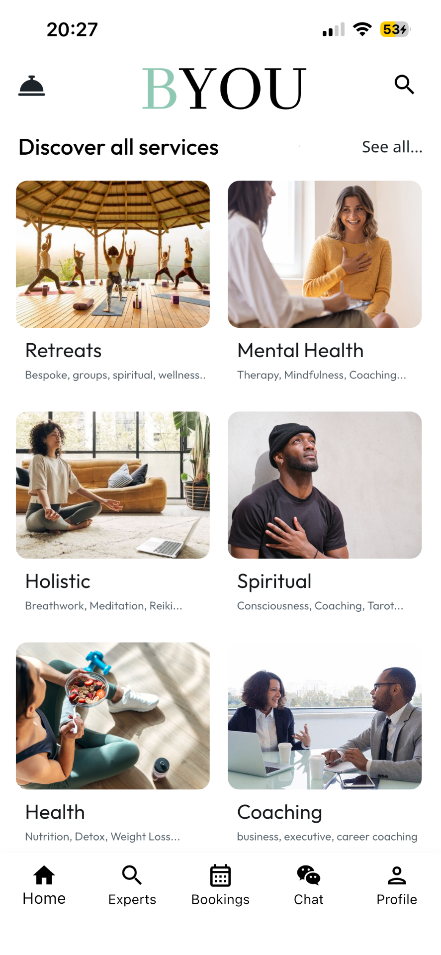BYOU app showing wellbeing services
